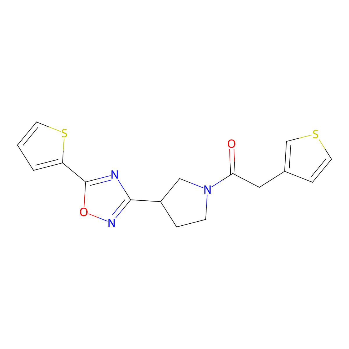 1-(3-(5-(Thiophen-2-yl)-1,2,4-oxadiazol-3-yl)pyrrolidin-1-yl)-2-(thiophen-3-yl)ethanone molecular structure, CAS 2034287-74-4