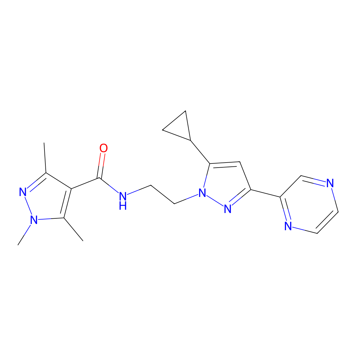 N-(2-(5-cyclopropyl-3-(pyrazin-2-yl)-1H-pyrazol-1-yl)ethyl)-1,3,5-trimethyl-1H-pyrazole-4-carboxamide molecular structure, CAS 2034287-75-5