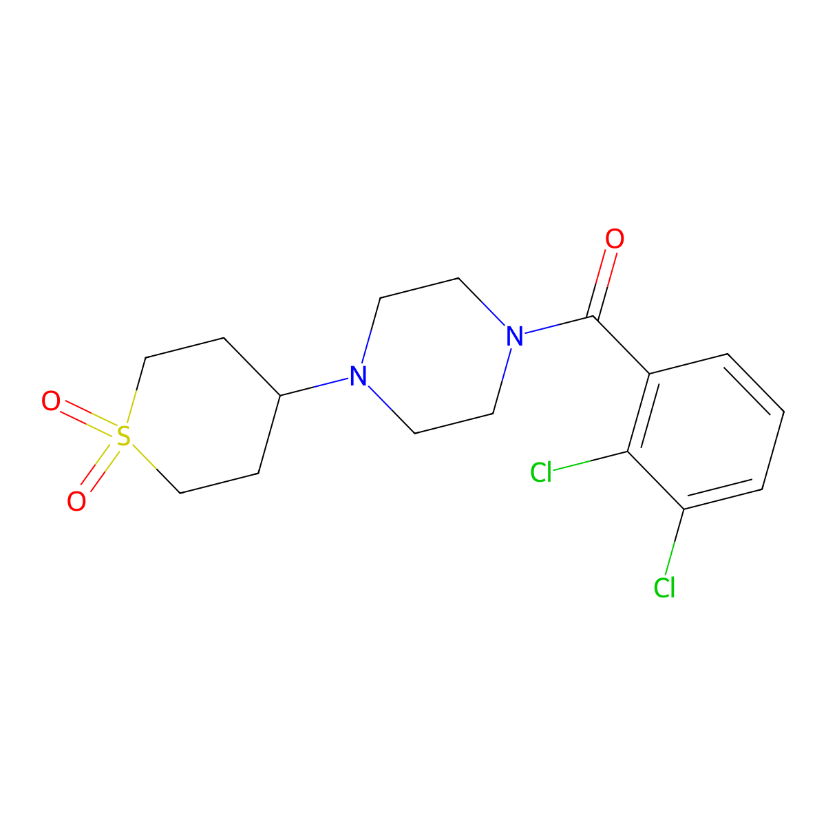 (2,3-dichlorophenyl)(4-(1,1-dioxidotetrahydro-2H-thiopyran-4-yl)piperazin-1-yl)methanone molecular structure, CAS 2034287-78-8