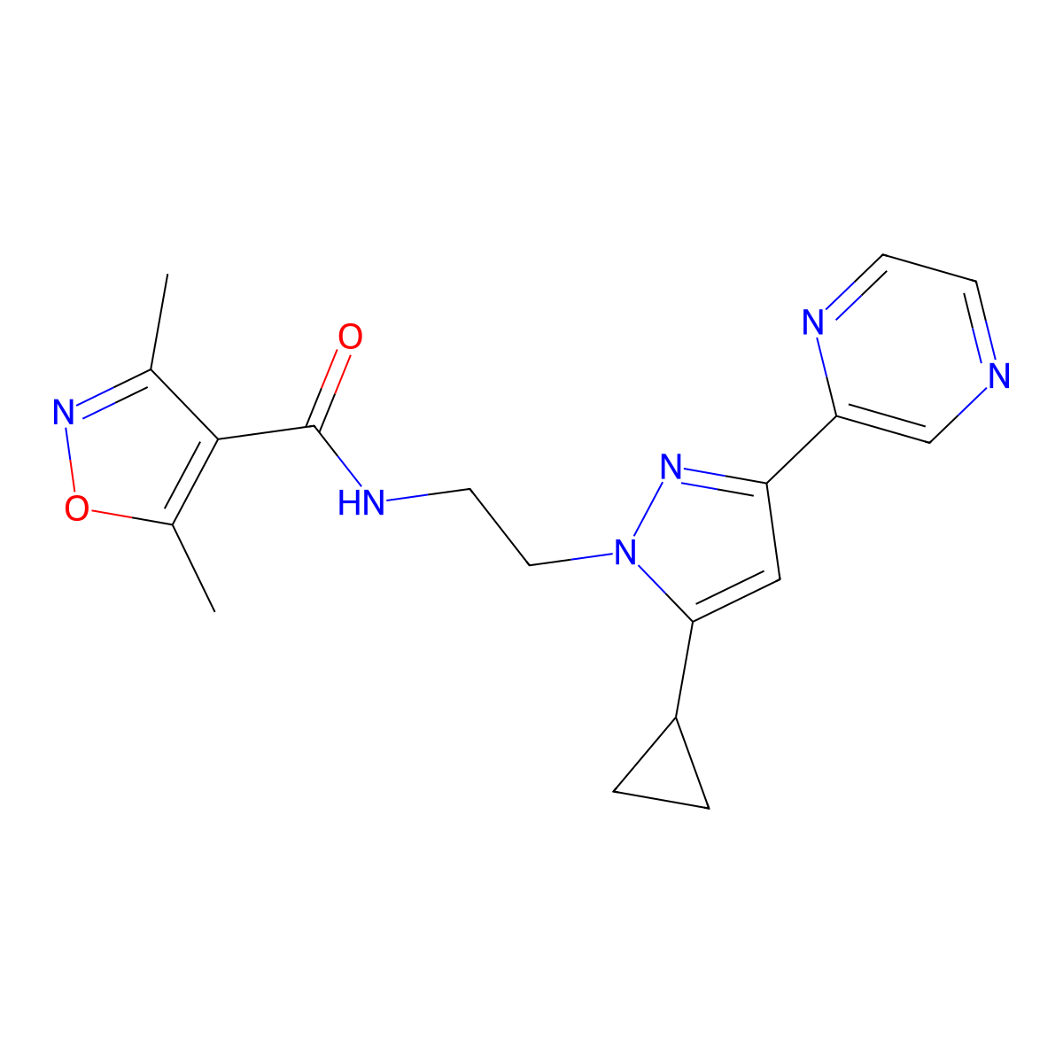 N-(2-(5-cyclopropyl-3-(pyrazin-2-yl)-1H-pyrazol-1-yl)ethyl)-3,5-dimethylisoxazole-4-carboxamide molecular structure, CAS 2034287-79-9
