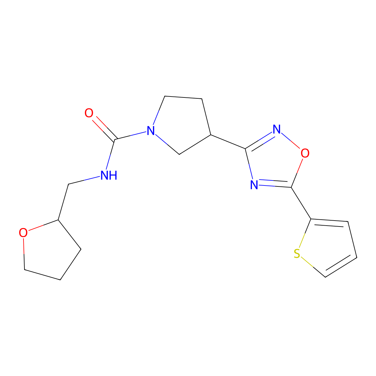N-((tetrahydrofuran-2-yl)methyl)-3-(5-(thiophen-2-yl)-1,2,4-oxadiazol-3-yl)pyrrolidine-1-carboxamide molecular structure, CAS 2034287-81-3