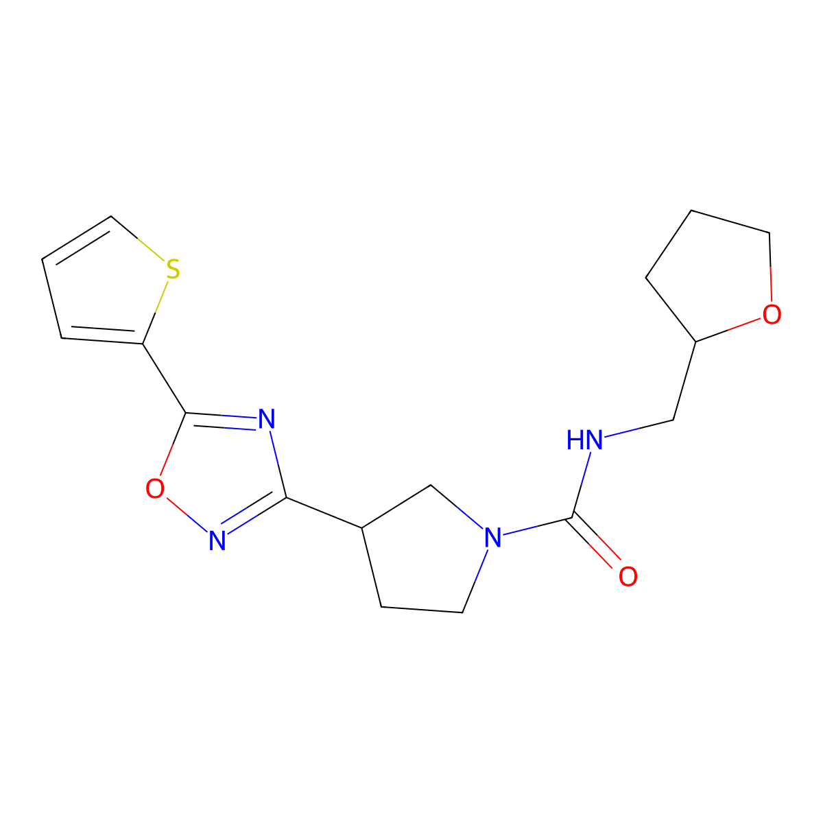 N-((tetrahydrofuran-2-yl)methyl)-3-(5-(thiophen-2-yl)-1,2,4-oxadiazol-3-yl)pyrrolidine-1-carboxamide molecular structure, CAS 2034287-81-3