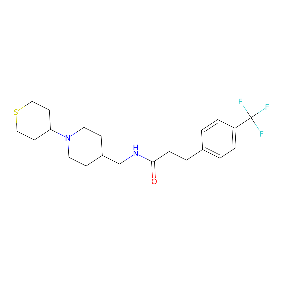 N-((1-(tetrahydro-2H-thiopyran-4-yl)piperidin-4-yl)methyl)-3-(4-(trifluoromethyl)phenyl)propanamide molecular structure, CAS 2034287-83-5