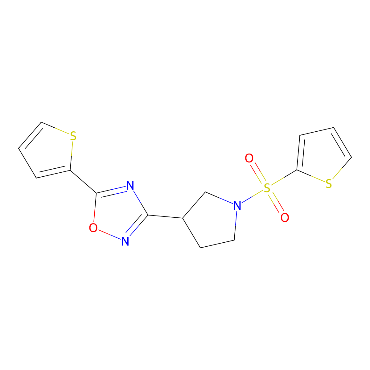 5-(Thiophen-2-yl)-3-(1-(thiophen-2-ylsulfonyl)pyrrolidin-3-yl)-1,2,4-oxadiazole molecular structure, CAS 2034287-85-7
