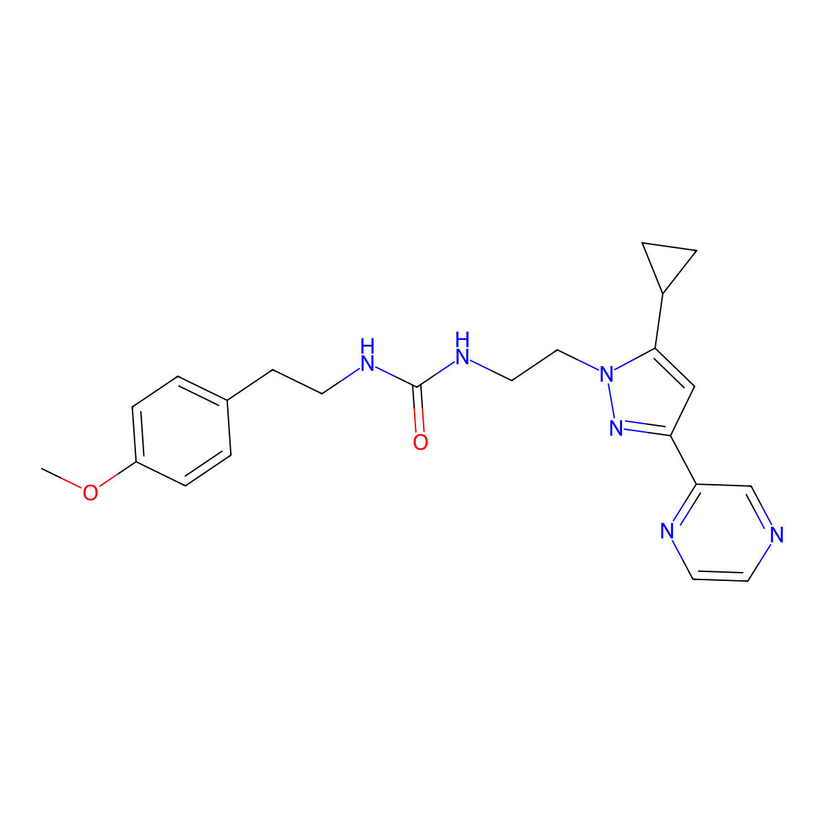 1-(2-(5-cyclopropyl-3-(pyrazin-2-yl)-1H-pyrazol-1-yl)ethyl)-3-(4-methoxyphenethyl)urea molecular structure, CAS 2034287-91-5