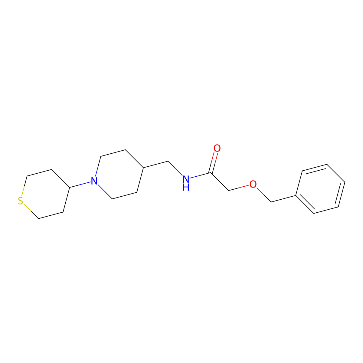 2-(benzyloxy)-N-((1-(tetrahydro-2H-thiopyran-4-yl)piperidin-4-yl)methyl)acetamide molecular structure, CAS 2034287-93-7