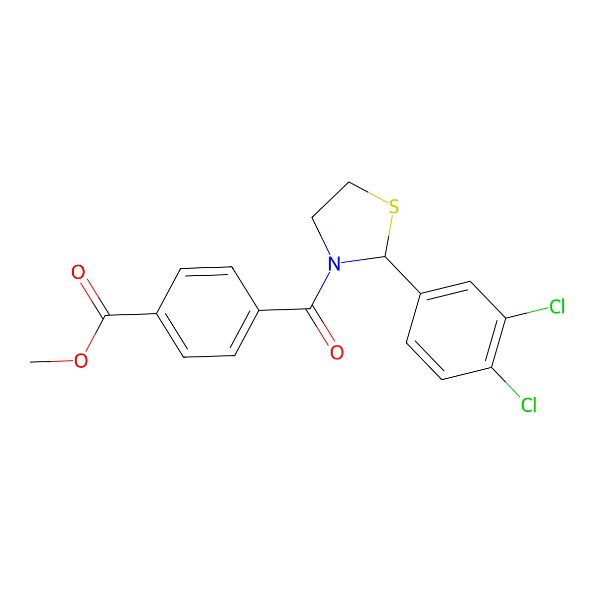 Methyl 4-(2-(3,4-dichlorophenyl)thiazolidine-3-carbonyl)benzoate molecular structure, CAS 2034287-94-8