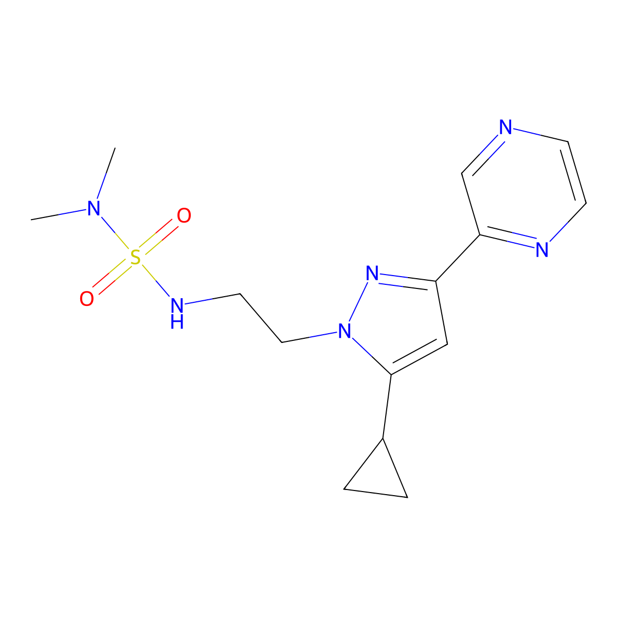 ({2-[5-cyclopropyl-3-(pyrazin-2-yl)-1H-pyrazol-1-yl]ethyl}sulfamoyl)dimethylamine molecular structure, CAS 2034287-96-0
