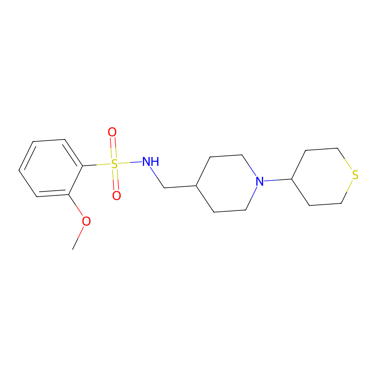 2-methoxy-N-((1-(tetrahydro-2H-thiopyran-4-yl)piperidin-4-yl)methyl)benzenesulfonamide molecular structure, CAS 2034287-98-2