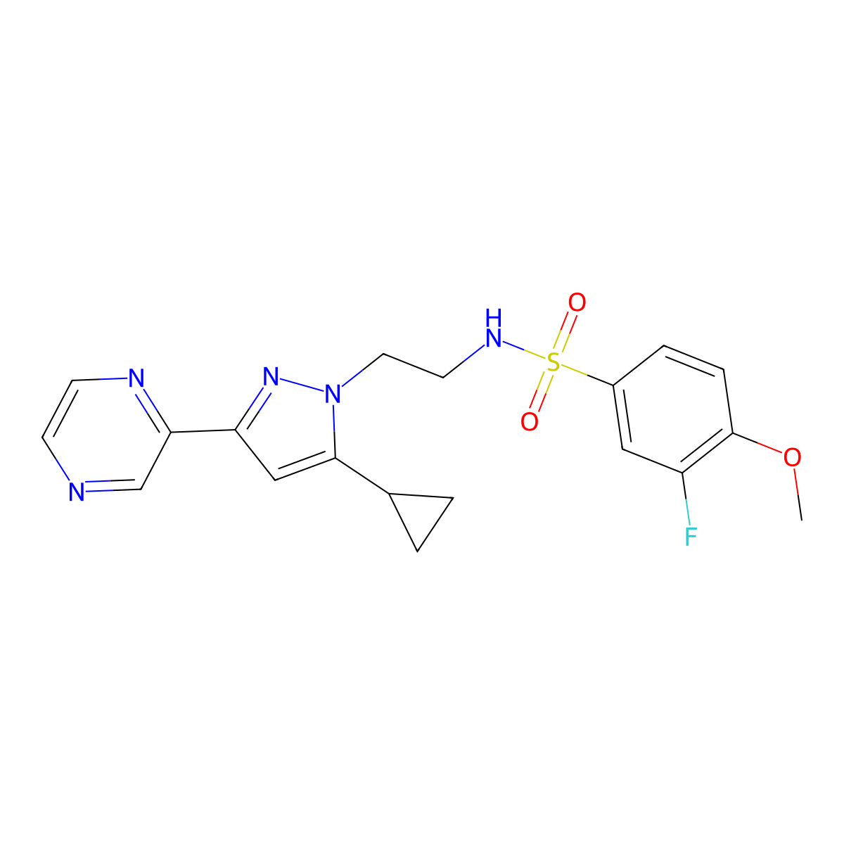 N-(2-(5-cyclopropyl-3-(pyrazin-2-yl)-1H-pyrazol-1-yl)ethyl)-3-fluoro-4-methoxybenzenesulfonamide molecular structure, CAS 2034288-02-1