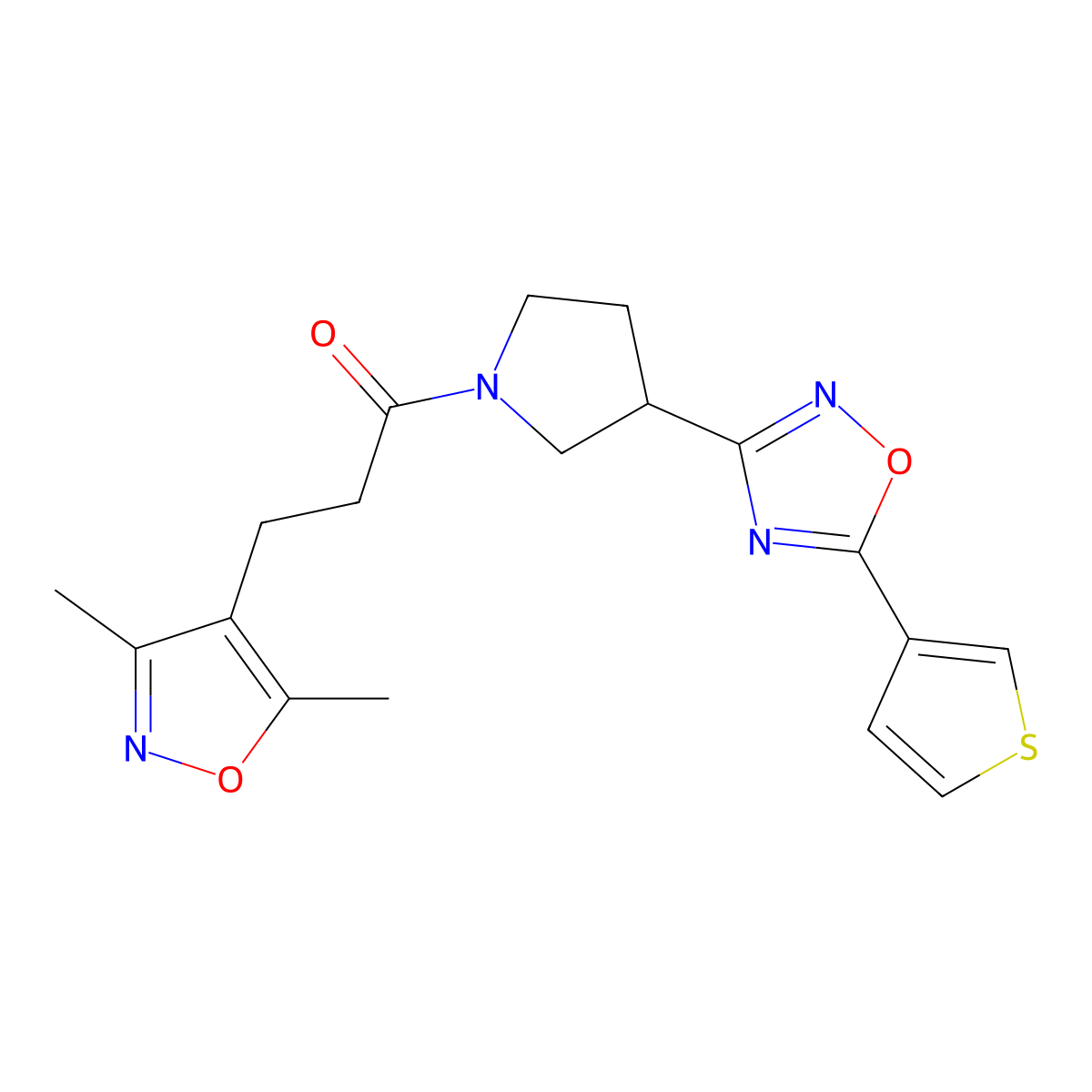 3-(3,5-Dimethylisoxazol-4-yl)-1-(3-(5-(thiophen-3-yl)-1,2,4-oxadiazol-3-yl)pyrrolidin-1-yl)propan-1-one molecular structure, CAS 2034288-05-4