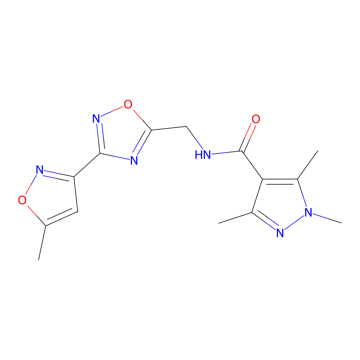 1,3,5-trimethyl-N-((3-(5-methylisoxazol-3-yl)-1,2,4-oxadiazol-5-yl)methyl)-1H-pyrazole-4-carboxamide molecular structure, CAS 2034288-07-6
