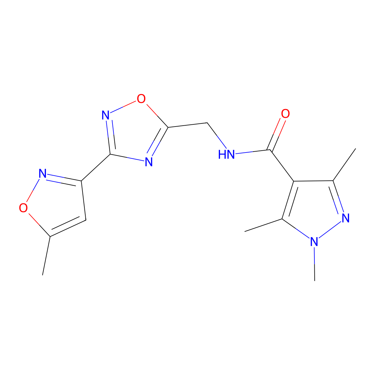 1,3,5-trimethyl-N-((3-(5-methylisoxazol-3-yl)-1,2,4-oxadiazol-5-yl)methyl)-1H-pyrazole-4-carboxamide molecular structure, CAS 2034288-07-6
