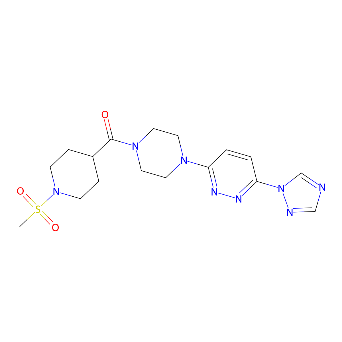 (4-(6-(1H-1,2,4-triazol-1-yl)pyridazin-3-yl)piperazin-1-yl)(1-(methylsulfonyl)piperidin-4-yl)methanone molecular structure, CAS 2034288-09-8