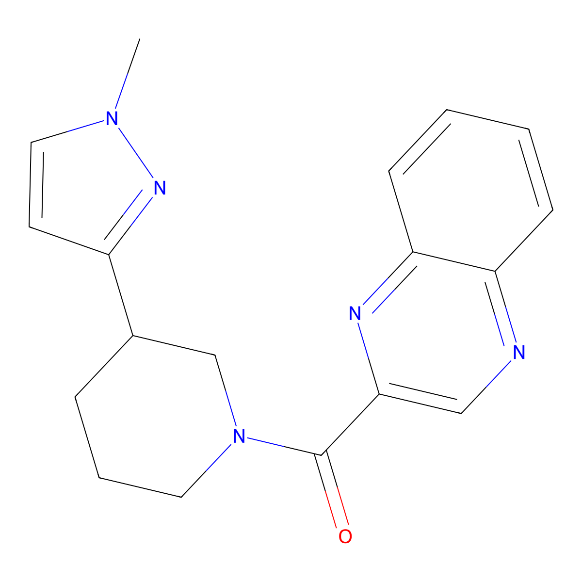 (3-(1-methyl-1H-pyrazol-3-yl)piperidin-1-yl)(quinoxalin-2-yl)methanone molecular structure, CAS 2034288-12-3