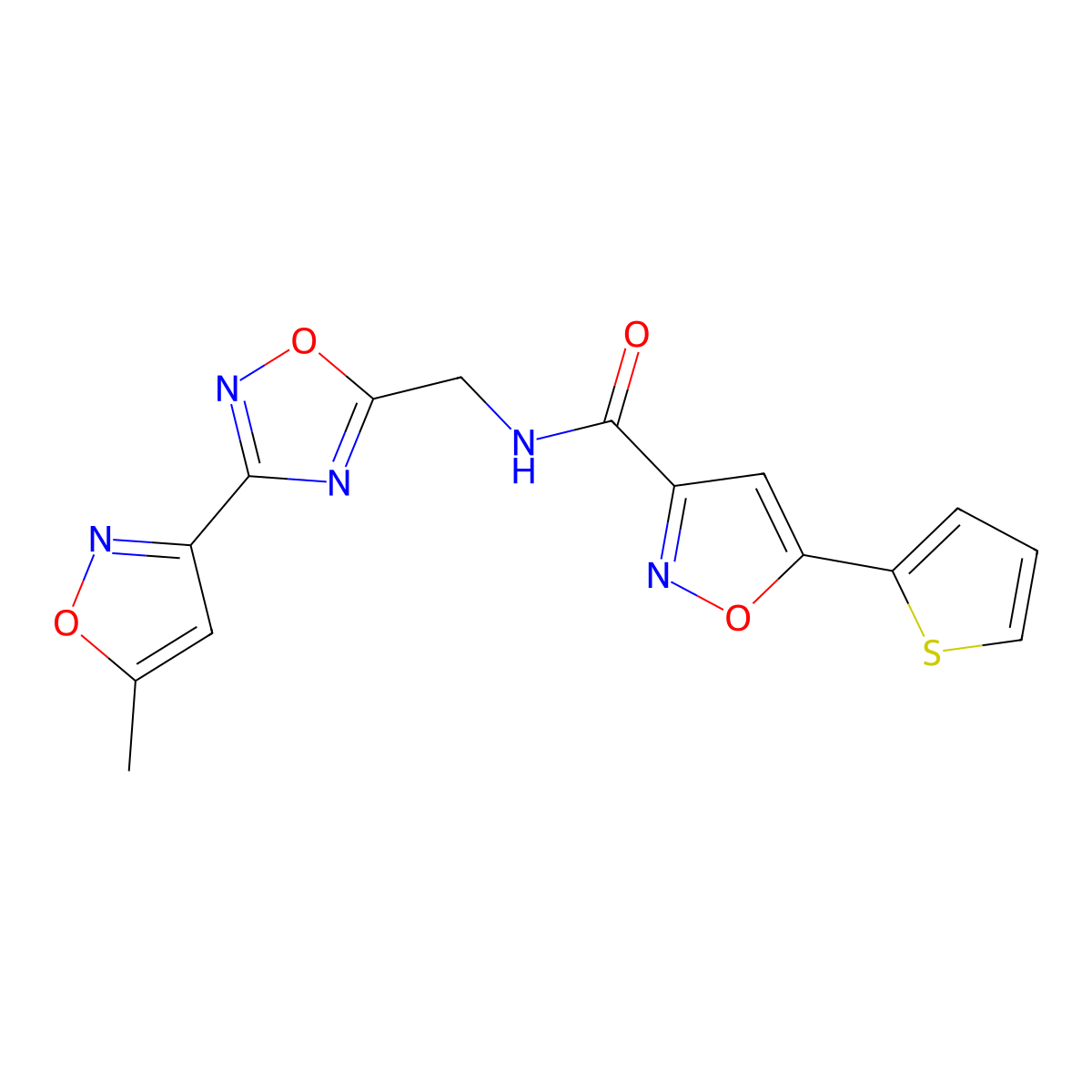 N-((3-(5-methylisoxazol-3-yl)-1,2,4-oxadiazol-5-yl)methyl)-5-(thiophen-2-yl)isoxazole-3-carboxamide molecular structure, CAS 2034288-14-5