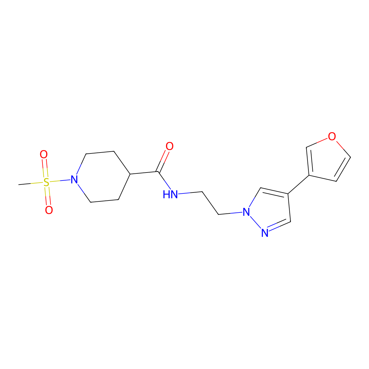 N-(2-(4-(furan-3-yl)-1H-pyrazol-1-yl)ethyl)-1-(methylsulfonyl)piperidine-4-carboxamide molecular structure, CAS 2034288-16-7