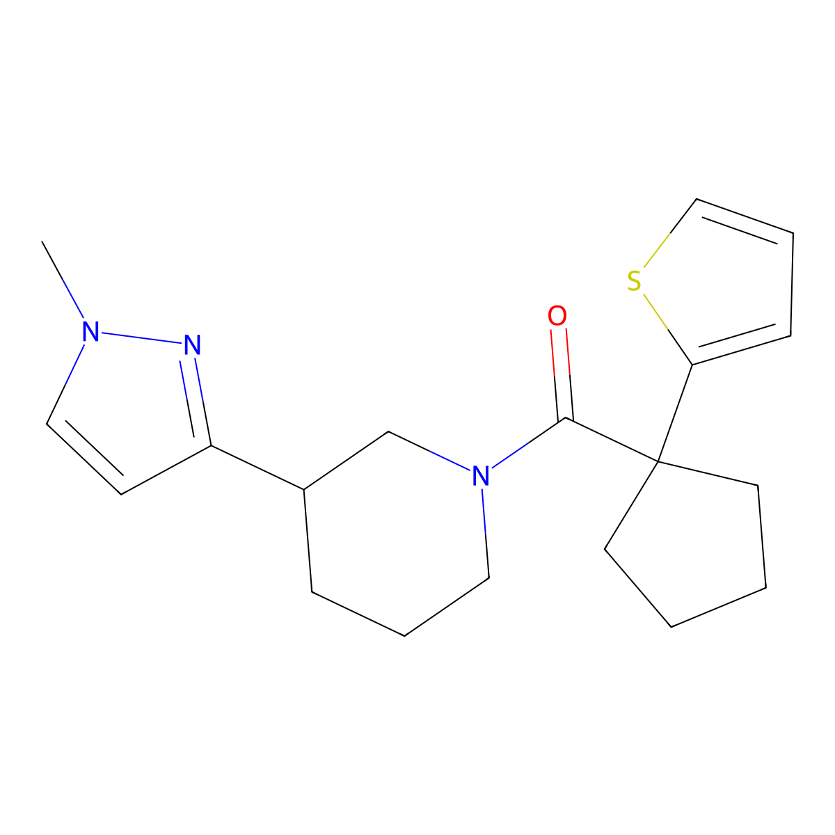 (3-(1-methyl-1H-pyrazol-3-yl)piperidin-1-yl)(1-(thiophen-2-yl)cyclopentyl)methanone molecular structure, CAS 2034288-17-8