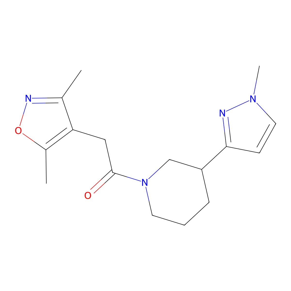 2-(3,5-dimethylisoxazol-4-yl)-1-(3-(1-methyl-1H-pyrazol-3-yl)piperidin-1-yl)ethanone molecular structure, CAS 2034288-24-7