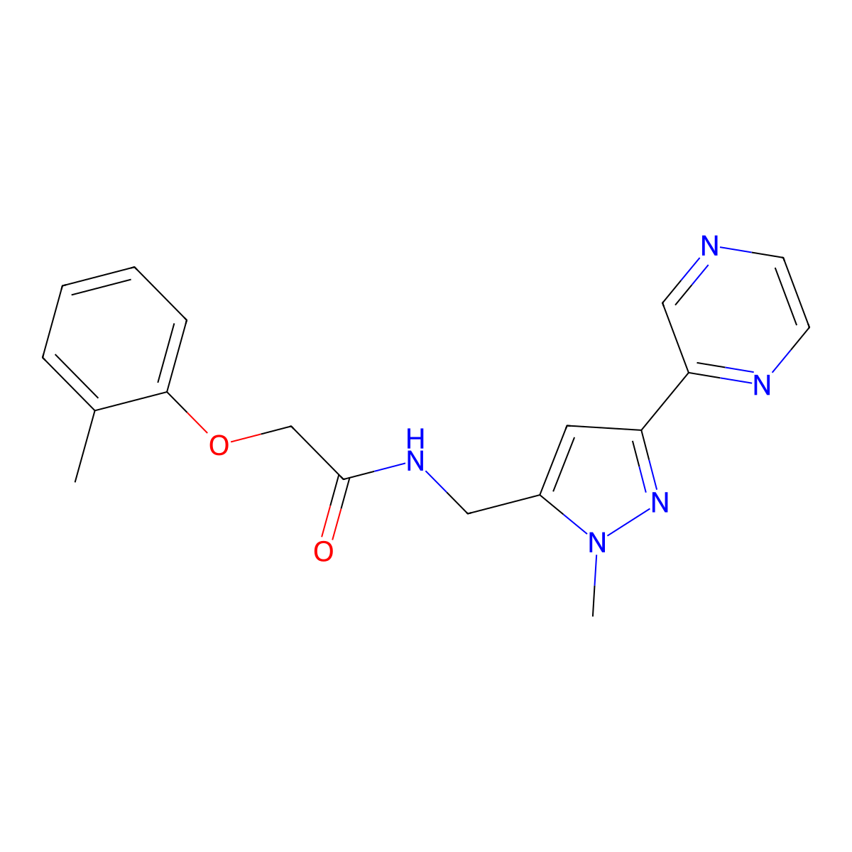 N-((1-methyl-3-(pyrazin-2-yl)-1H-pyrazol-5-yl)methyl)-2-(o-tolyloxy)acetamide molecular structure, CAS 2034288-25-8