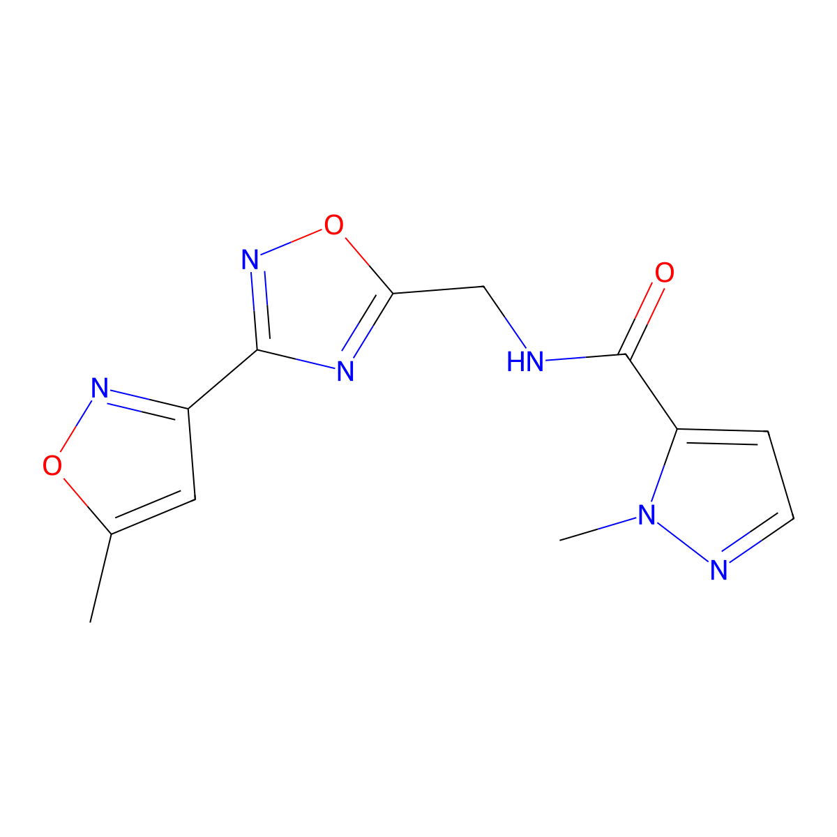 1-methyl-N-((3-(5-methylisoxazol-3-yl)-1,2,4-oxadiazol-5-yl)methyl)-1H-pyrazole-5-carboxamide molecular structure, CAS 2034288-27-0