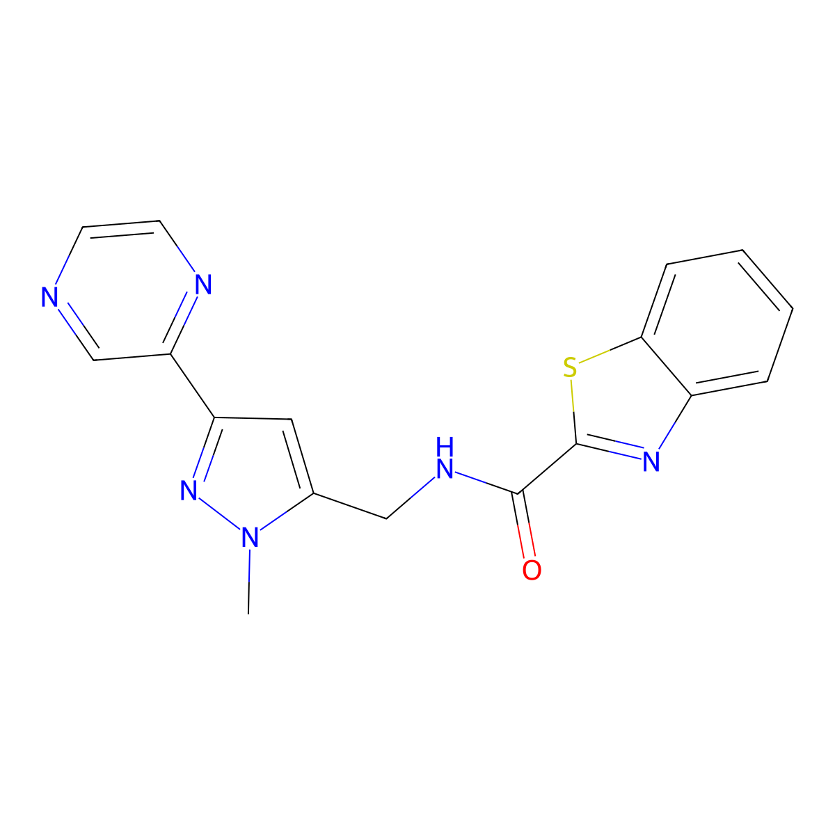 N-((1-methyl-3-(pyrazin-2-yl)-1H-pyrazol-5-yl)methyl)benzo[d]thiazole-2-carboxamide molecular structure, CAS 2034288-35-0