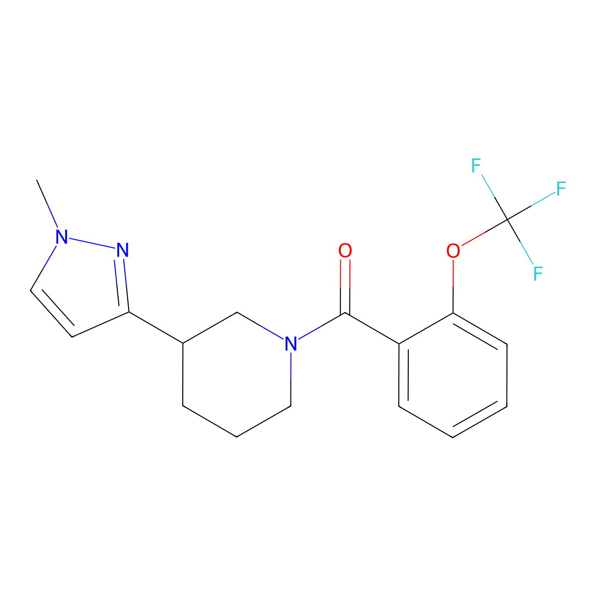 (3-(1-methyl-1H-pyrazol-3-yl)piperidin-1-yl)(2-(trifluoromethoxy)phenyl)methanone molecular structure, CAS 2034288-36-1