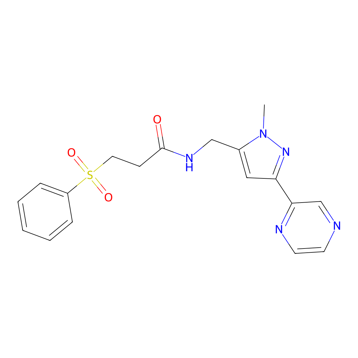 N-((1-methyl-3-(pyrazin-2-yl)-1H-pyrazol-5-yl)methyl)-3-(phenylsulfonyl)propanamide molecular structure, CAS 2034288-41-8
