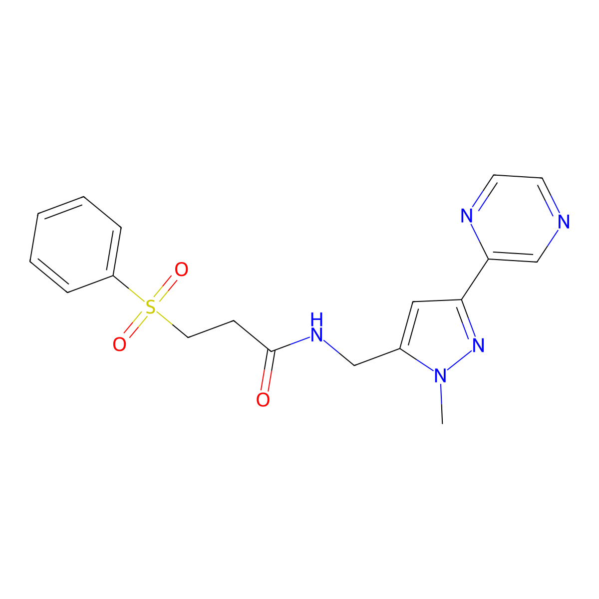 N-((1-methyl-3-(pyrazin-2-yl)-1H-pyrazol-5-yl)methyl)-3-(phenylsulfonyl)propanamide molecular structure, CAS 2034288-41-8