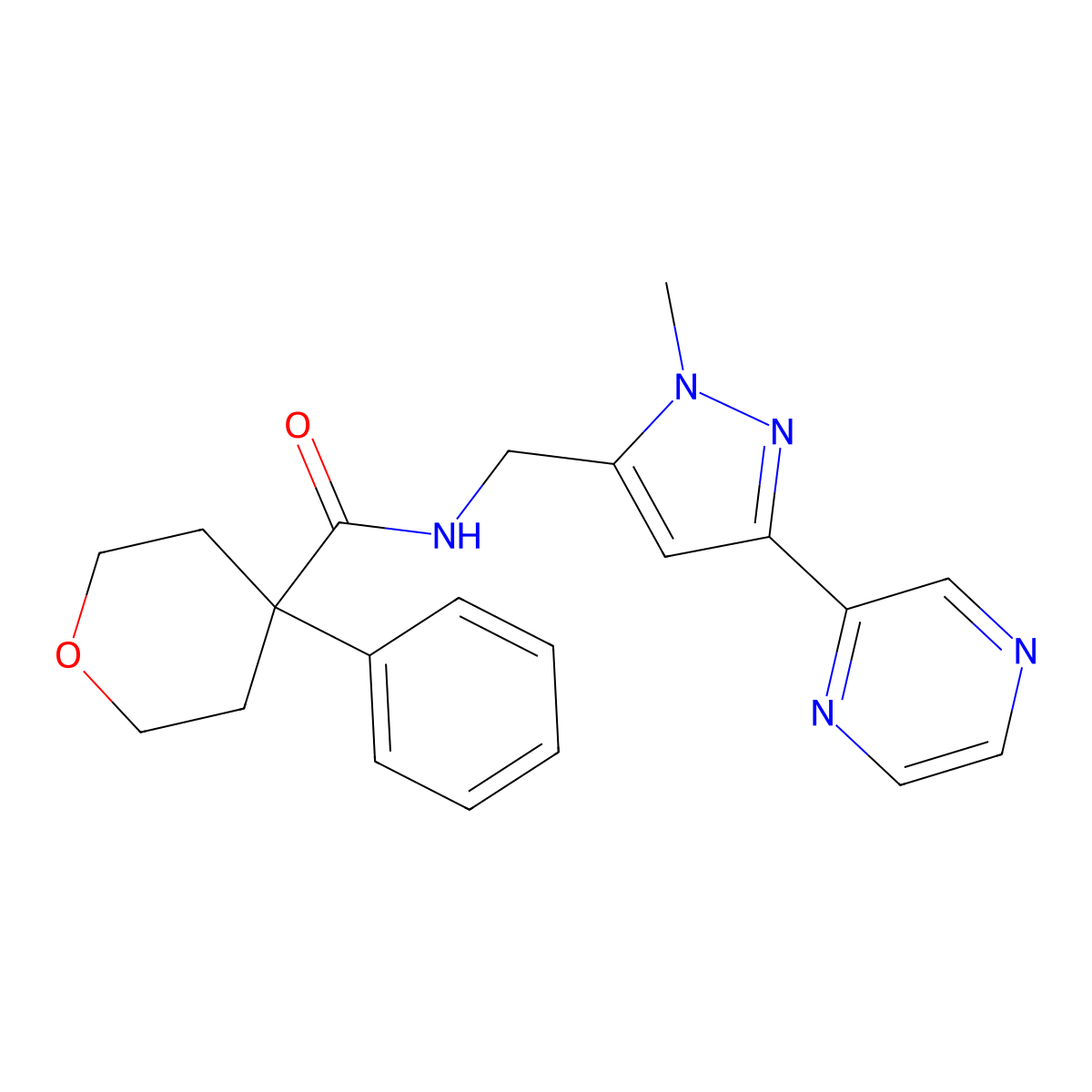 N-((1-methyl-3-(pyrazin-2-yl)-1H-pyrazol-5-yl)methyl)-4-phenyltetrahydro-2H-pyran-4-carboxamide molecular structure, CAS 2034288-45-2