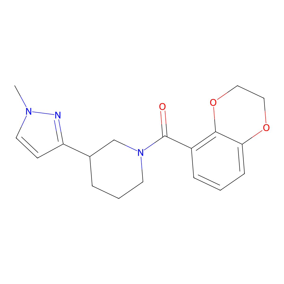 (2,3-dihydrobenzo[b][1,4]dioxin-5-yl)(3-(1-methyl-1H-pyrazol-3-yl)piperidin-1-yl)methanone molecular structure, CAS 2034288-46-3