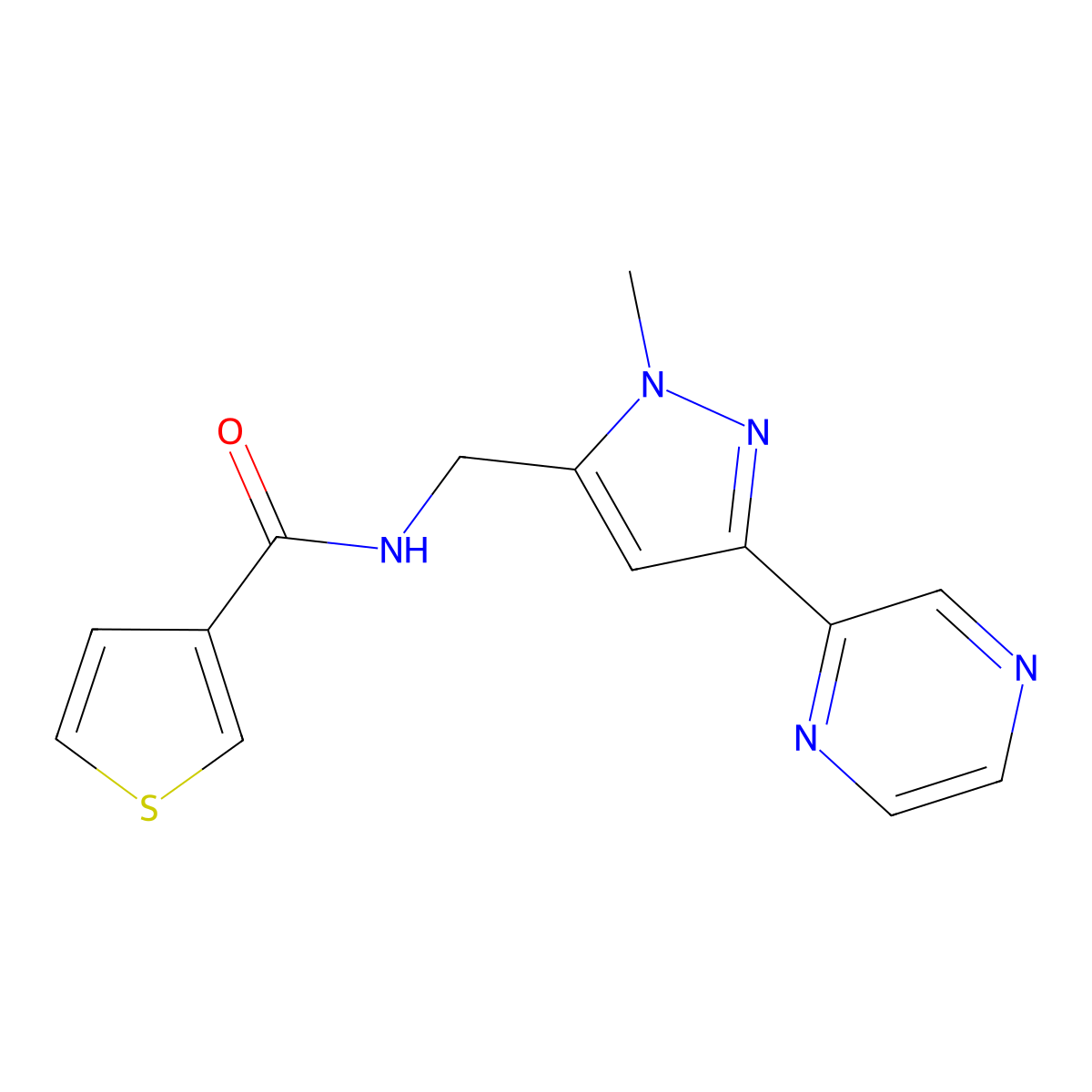 N-((1-methyl-3-(pyrazin-2-yl)-1H-pyrazol-5-yl)methyl)thiophene-3-carboxamide molecular structure, CAS 2034288-50-9