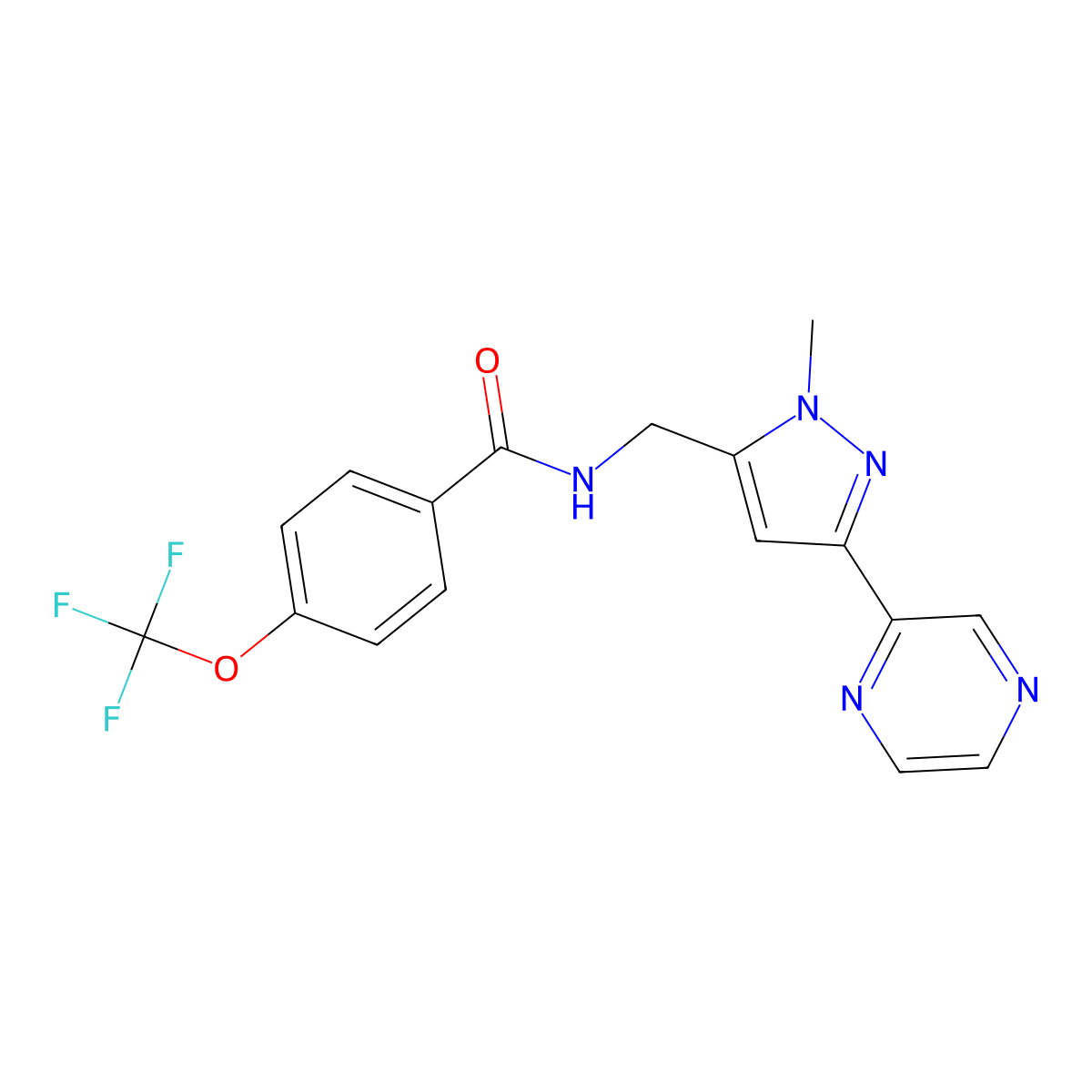 N-{[1-methyl-3-(pyrazin-2-yl)-1H-pyrazol-5-yl]methyl}-4-(trifluoromethoxy)benzamide molecular structure, CAS 2034288-55-4