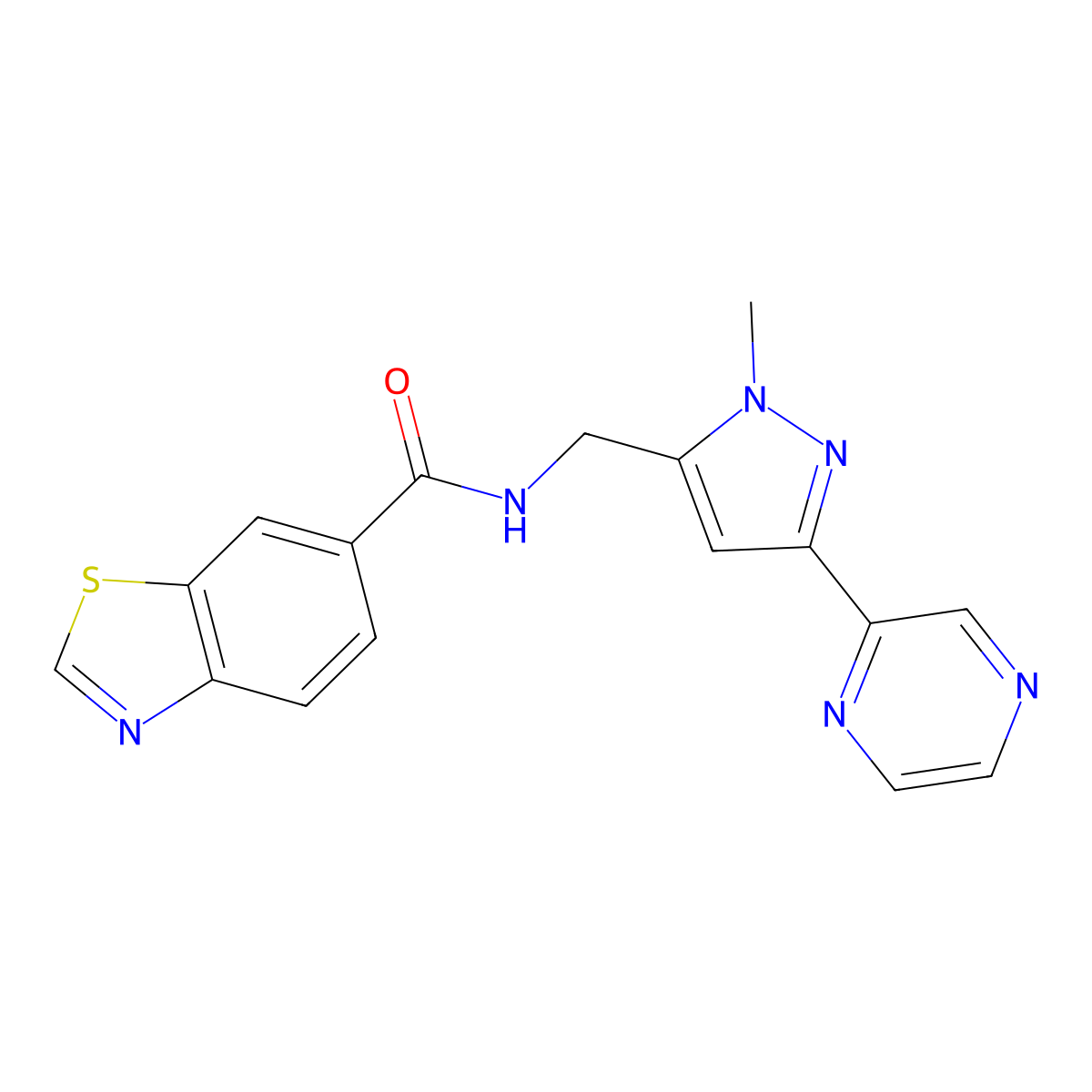 N-((1-methyl-3-(pyrazin-2-yl)-1H-pyrazol-5-yl)methyl)benzo[d]thiazole-6-carboxamide molecular structure, CAS 2034288-61-2