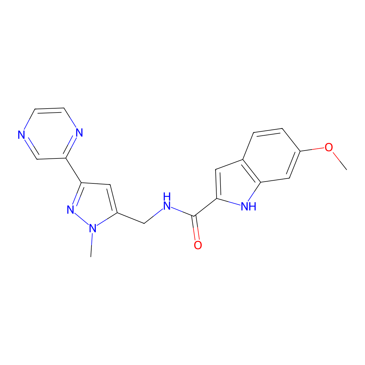 6-methoxy-N-{[1-methyl-3-(pyrazin-2-yl)-1H-pyrazol-5-yl]methyl}-1H-indole-2-carboxamide molecular structure, CAS 2034288-68-9