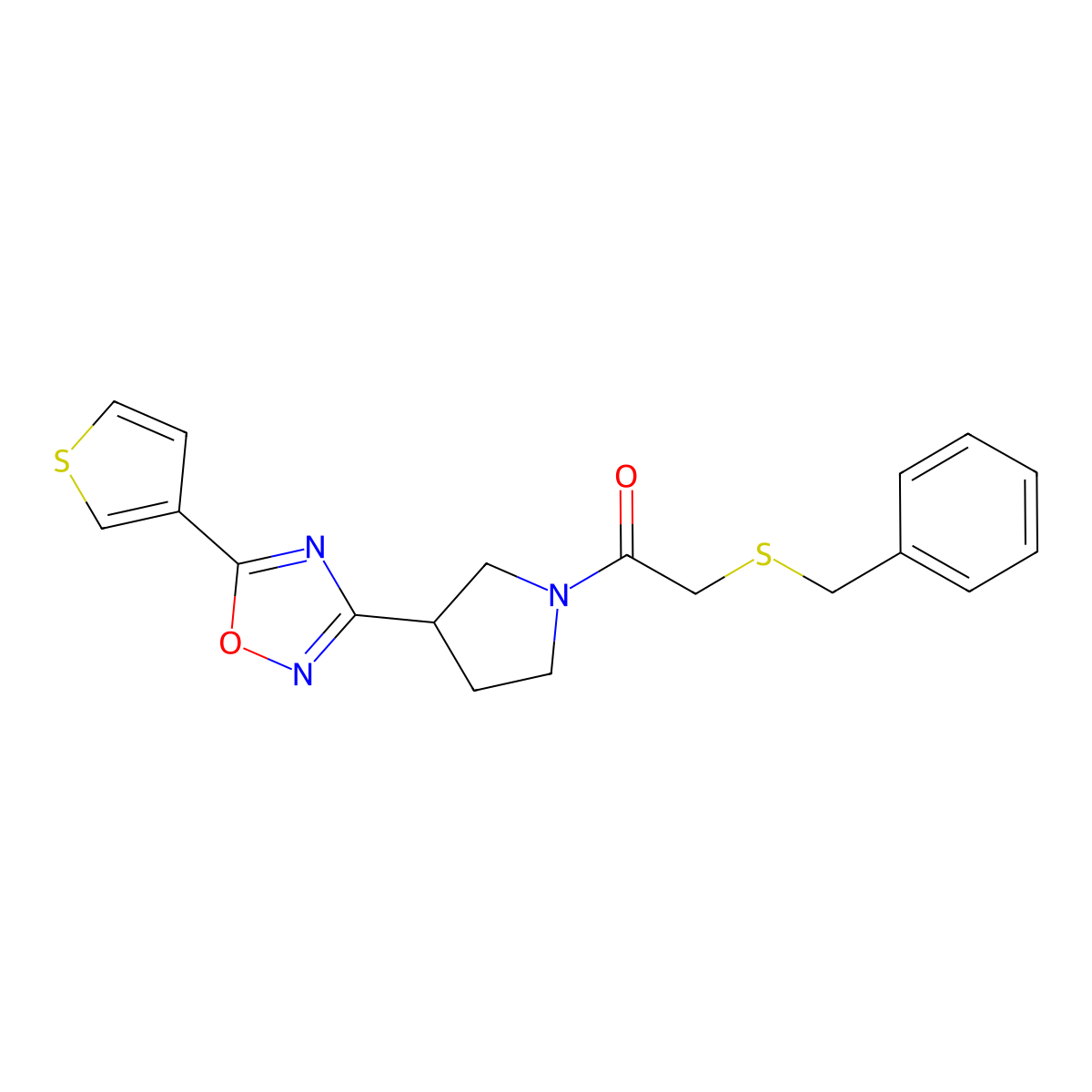 2-(Benzylthio)-1-(3-(5-(thiophen-3-yl)-1,2,4-oxadiazol-3-yl)pyrrolidin-1-yl)ethanone molecular structure, CAS 2034288-69-0
