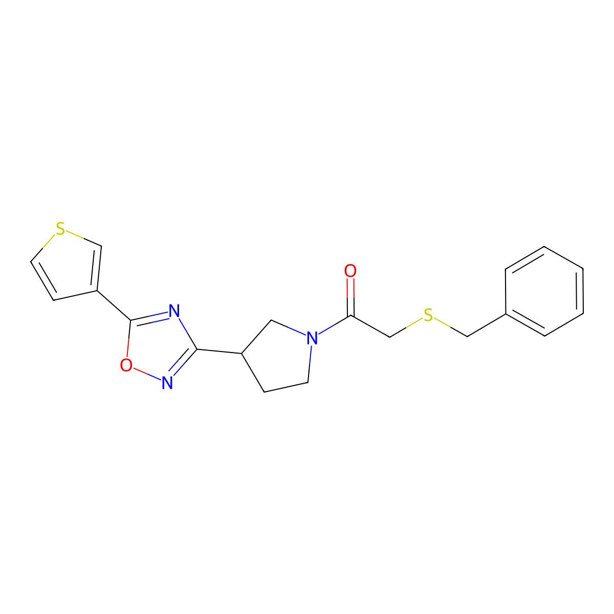 2-(Benzylthio)-1-(3-(5-(thiophen-3-yl)-1,2,4-oxadiazol-3-yl)pyrrolidin-1-yl)ethanone molecular structure, CAS 2034288-69-0