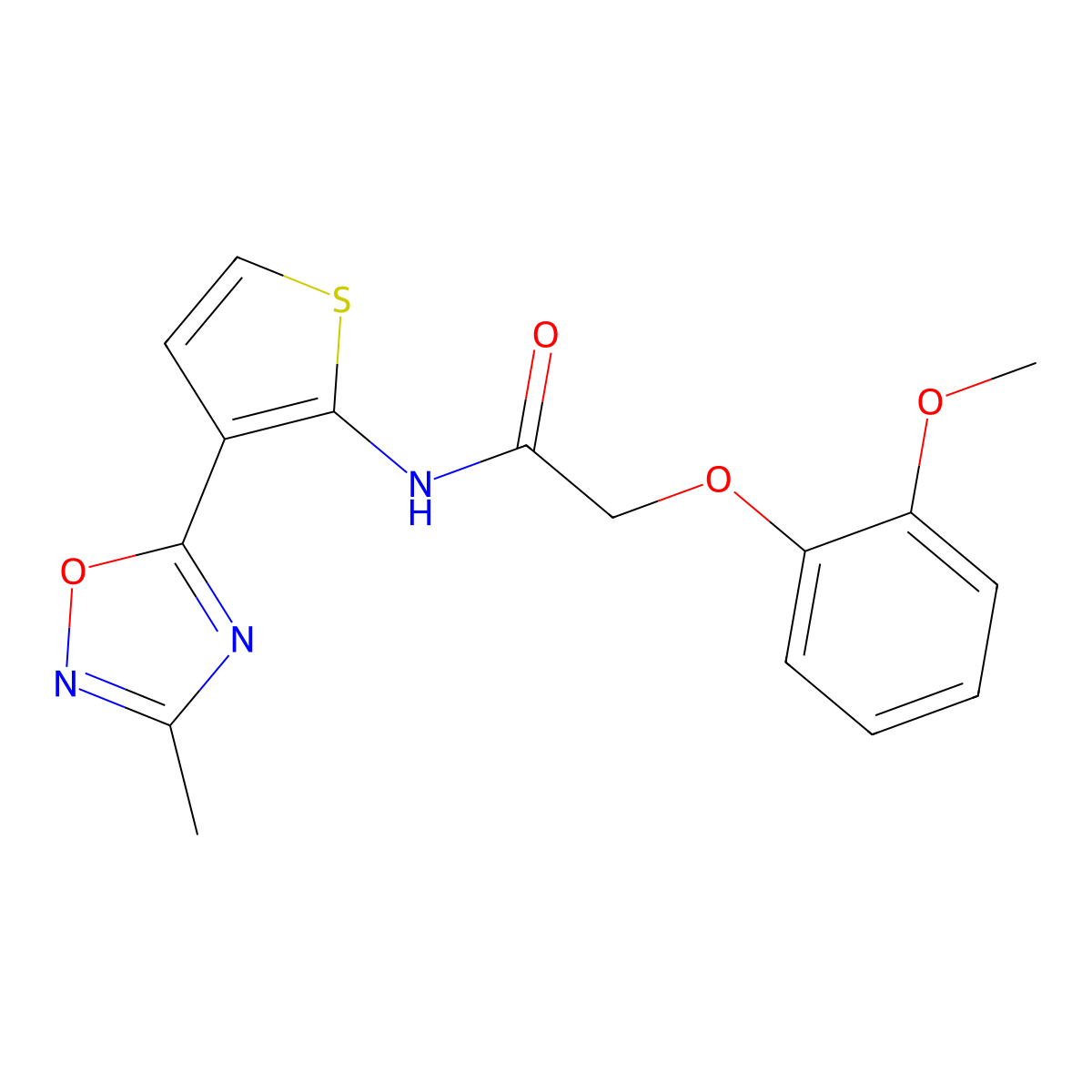 2-(2-methoxyphenoxy)-N-(3-(3-methyl-1,2,4-oxadiazol-5-yl)thiophen-2-yl)acetamide molecular structure, CAS 2034288-71-4