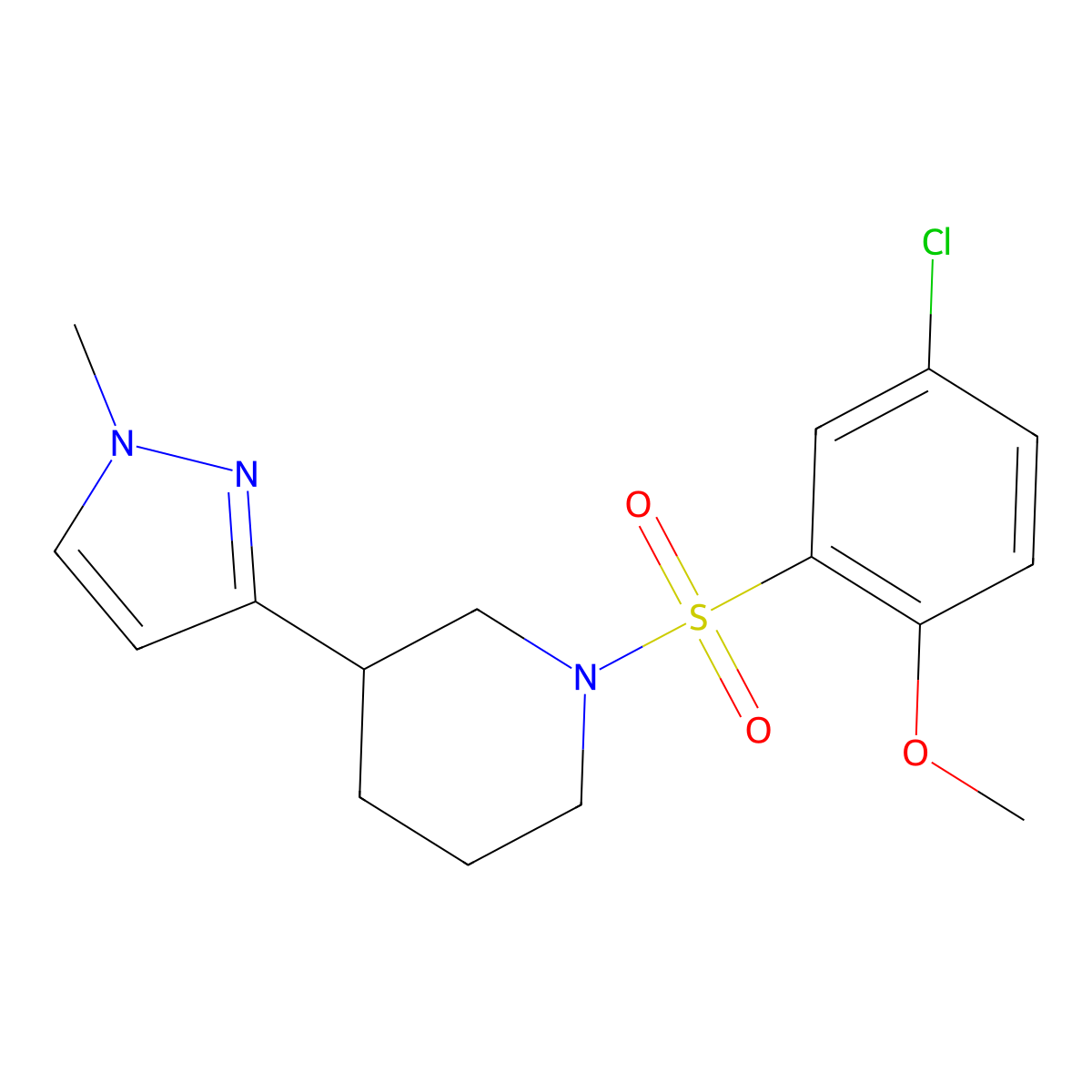 1-((5-chloro-2-methoxyphenyl)sulfonyl)-3-(1-methyl-1H-pyrazol-3-yl)piperidine molecular structure, CAS 2034288-72-5