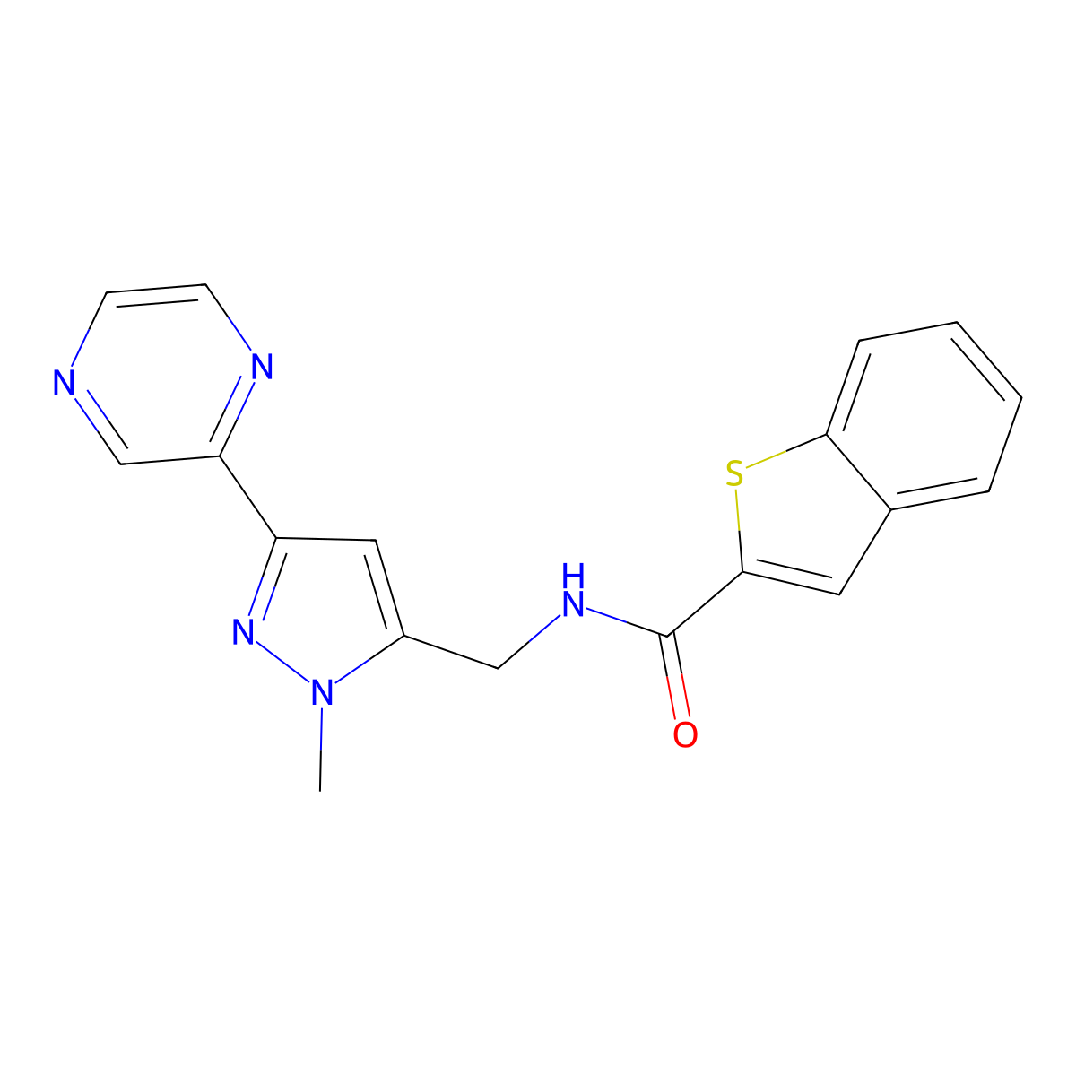 N-((1-methyl-3-(pyrazin-2-yl)-1H-pyrazol-5-yl)methyl)benzo[b]thiophene-2-carboxamide molecular structure, CAS 2034288-74-7