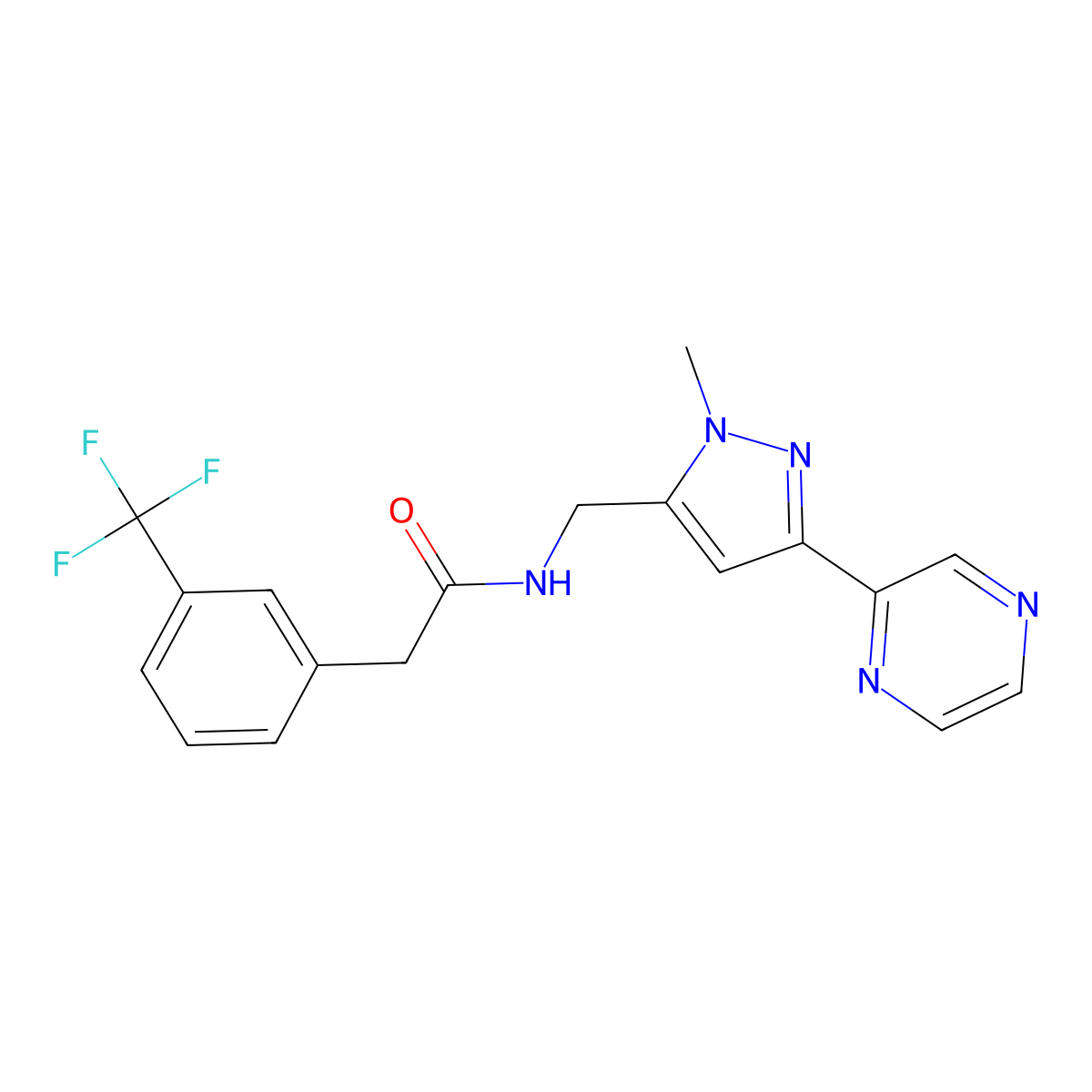 N-{[1-methyl-3-(pyrazin-2-yl)-1H-pyrazol-5-yl]methyl}-2-[3-(trifluoromethyl)phenyl]acetamide molecular structure, CAS 2034288-80-5