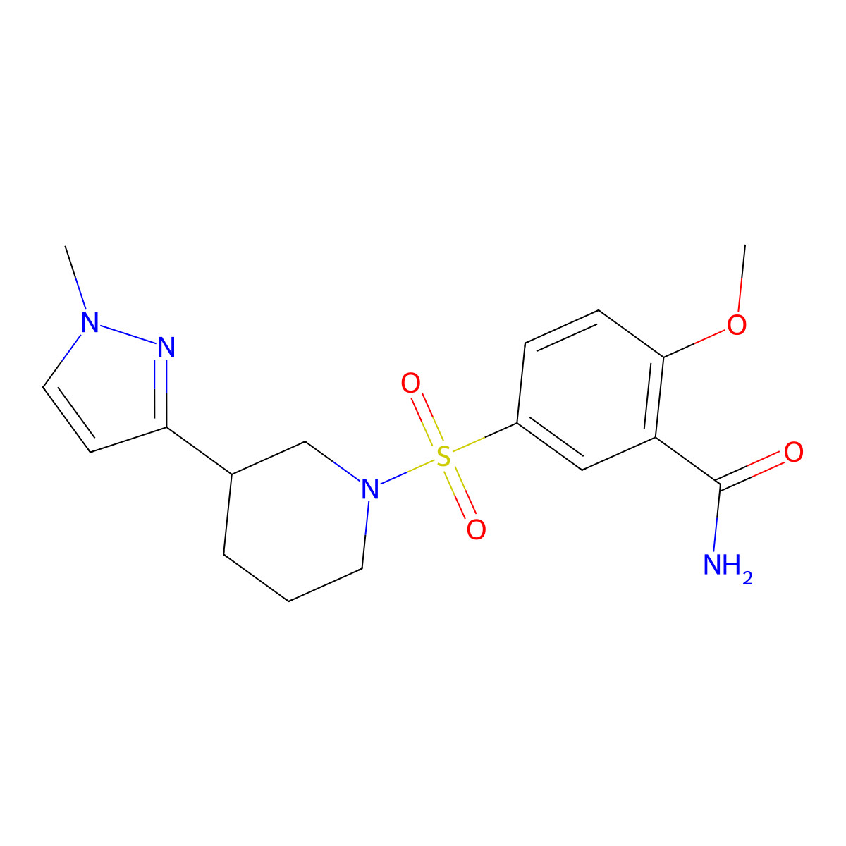2-methoxy-5-((3-(1-methyl-1H-pyrazol-3-yl)piperidin-1-yl)sulfonyl)benzamide molecular structure, CAS 2034288-81-6