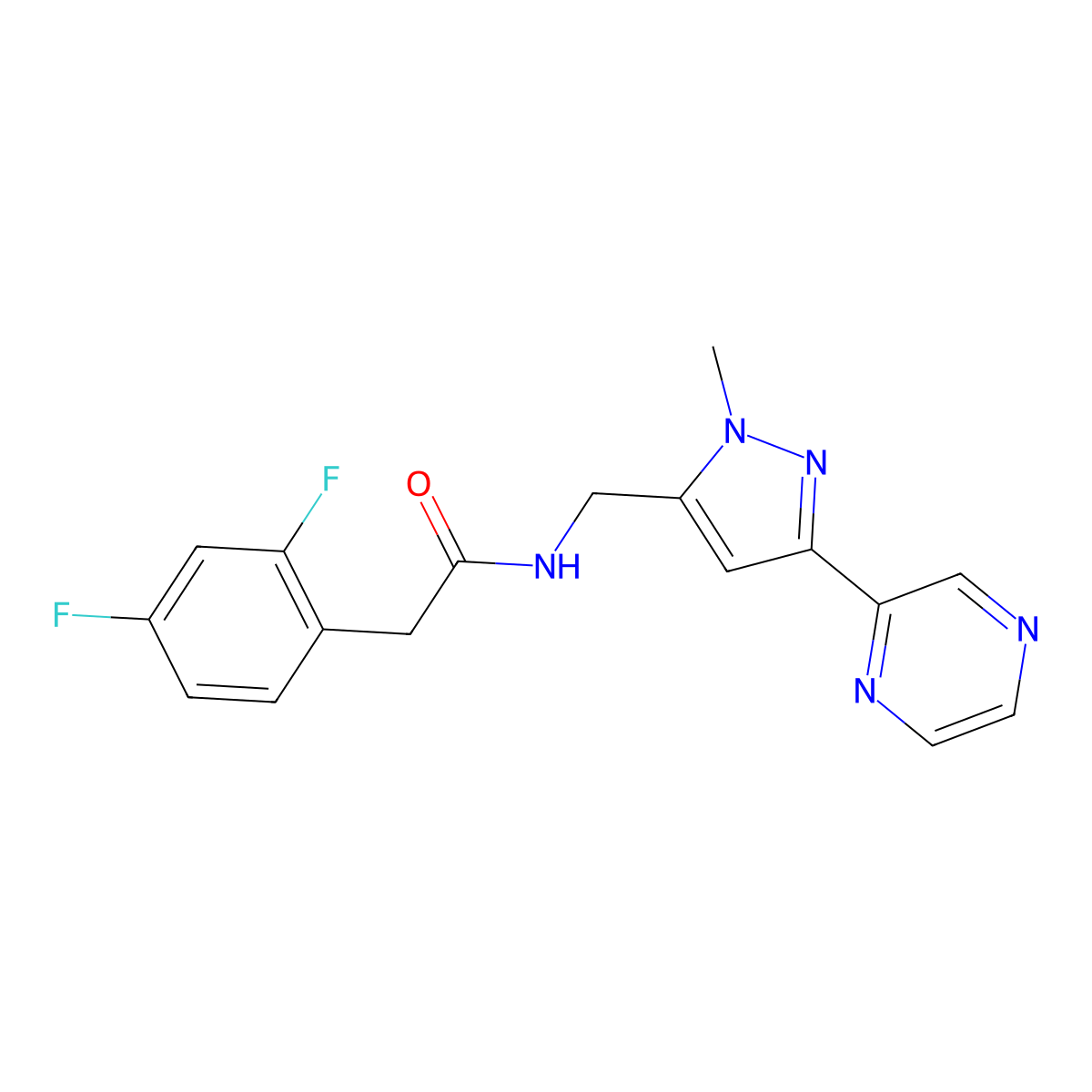 2-(2,4-difluorophenyl)-N-{[1-methyl-3-(pyrazin-2-yl)-1H-pyrazol-5-yl]methyl}acetamide molecular structure, CAS 2034288-86-1