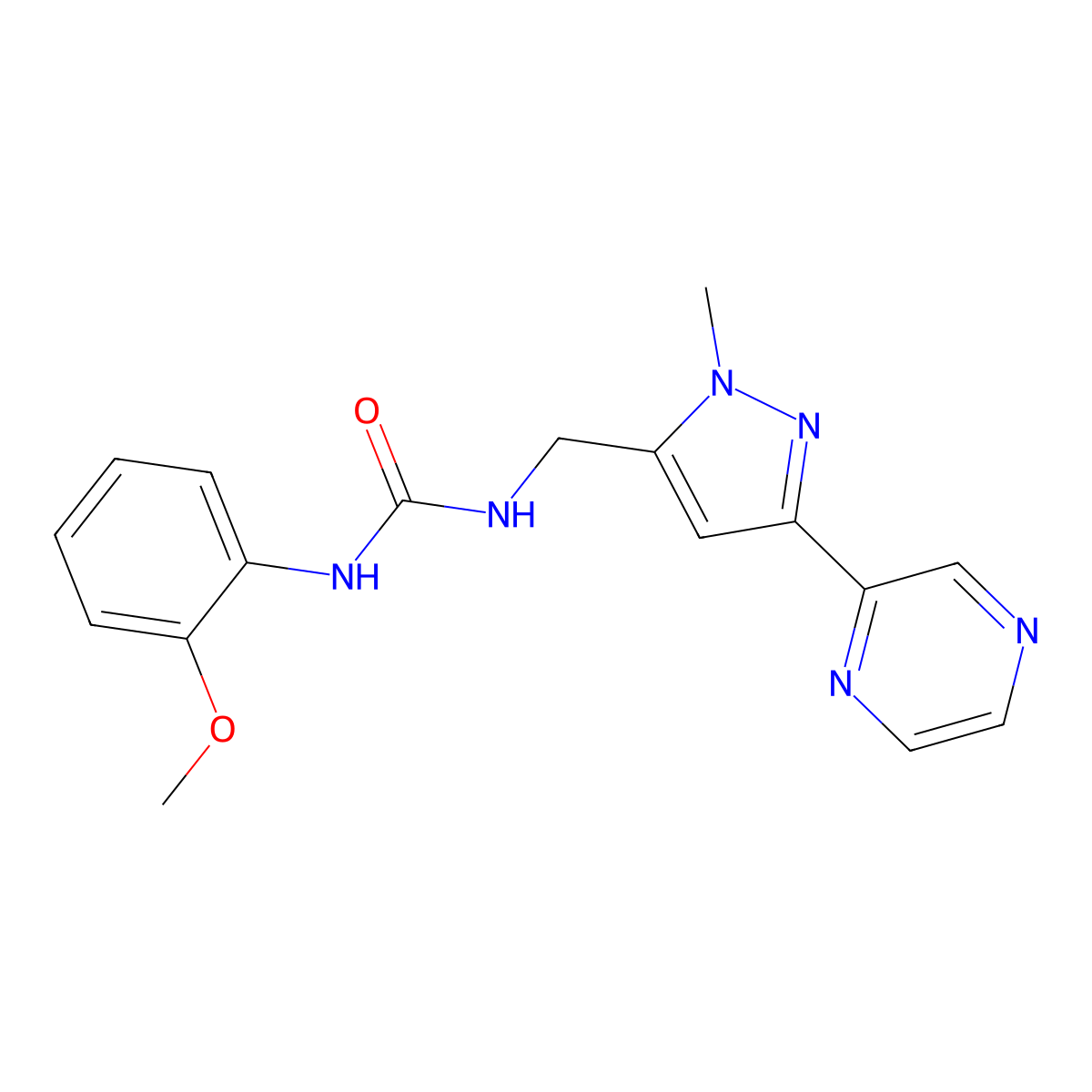 1-(2-methoxyphenyl)-3-((1-methyl-3-(pyrazin-2-yl)-1H-pyrazol-5-yl)methyl)urea molecular structure, CAS 2034288-92-9