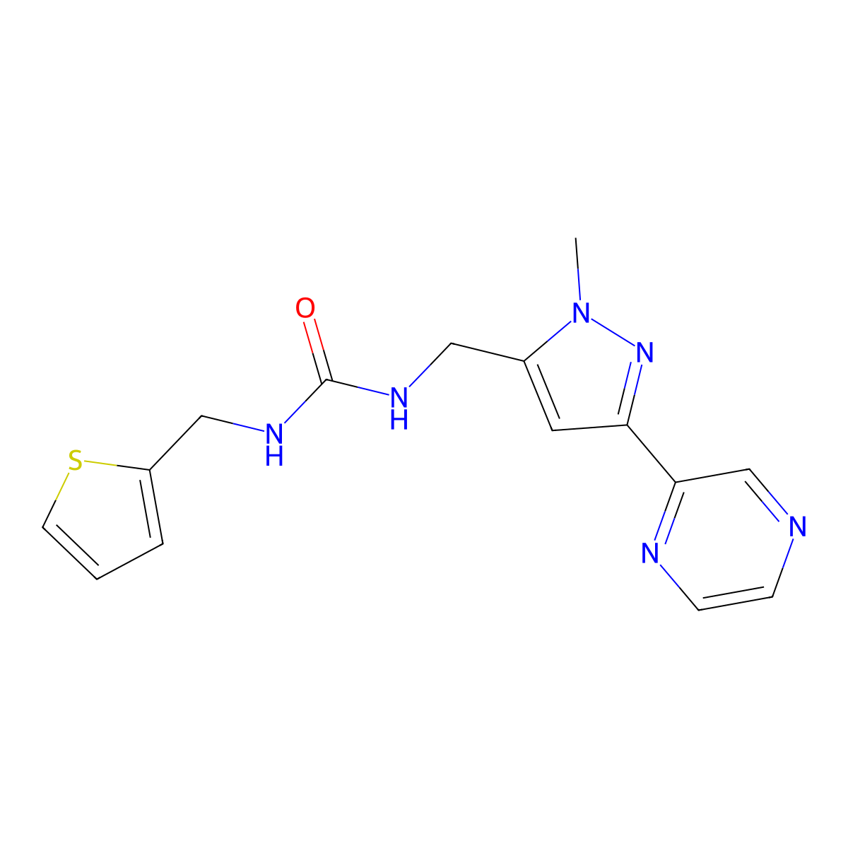1-((1-methyl-3-(pyrazin-2-yl)-1H-pyrazol-5-yl)methyl)-3-(thiophen-2-ylmethyl)urea molecular structure, CAS 2034288-97-4