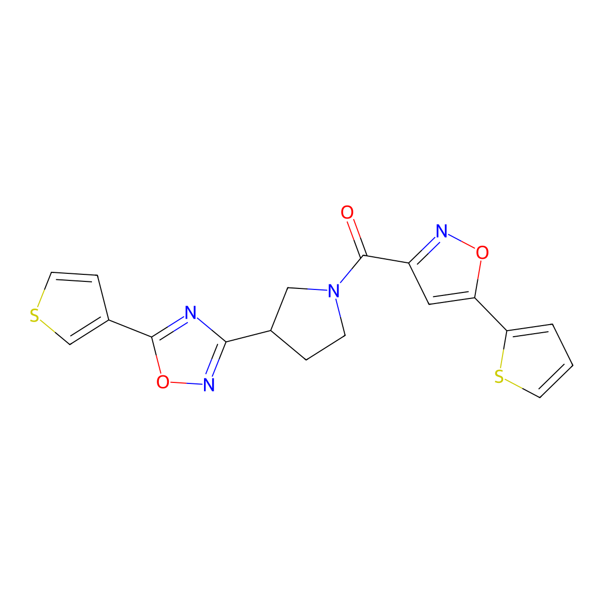(5-(Thiophen-2-yl)isoxazol-3-yl)(3-(5-(thiophen-3-yl)-1,2,4-oxadiazol-3-yl)pyrrolidin-1-yl)methanone molecular structure, CAS 2034289-03-5