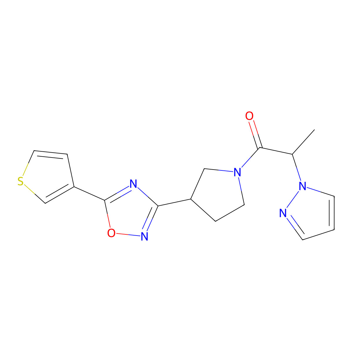 2-(1H-pyrazol-1-yl)-1-(3-(5-(thiophen-3-yl)-1,2,4-oxadiazol-3-yl)pyrrolidin-1-yl)propan-1-one molecular structure, CAS 2034289-10-4