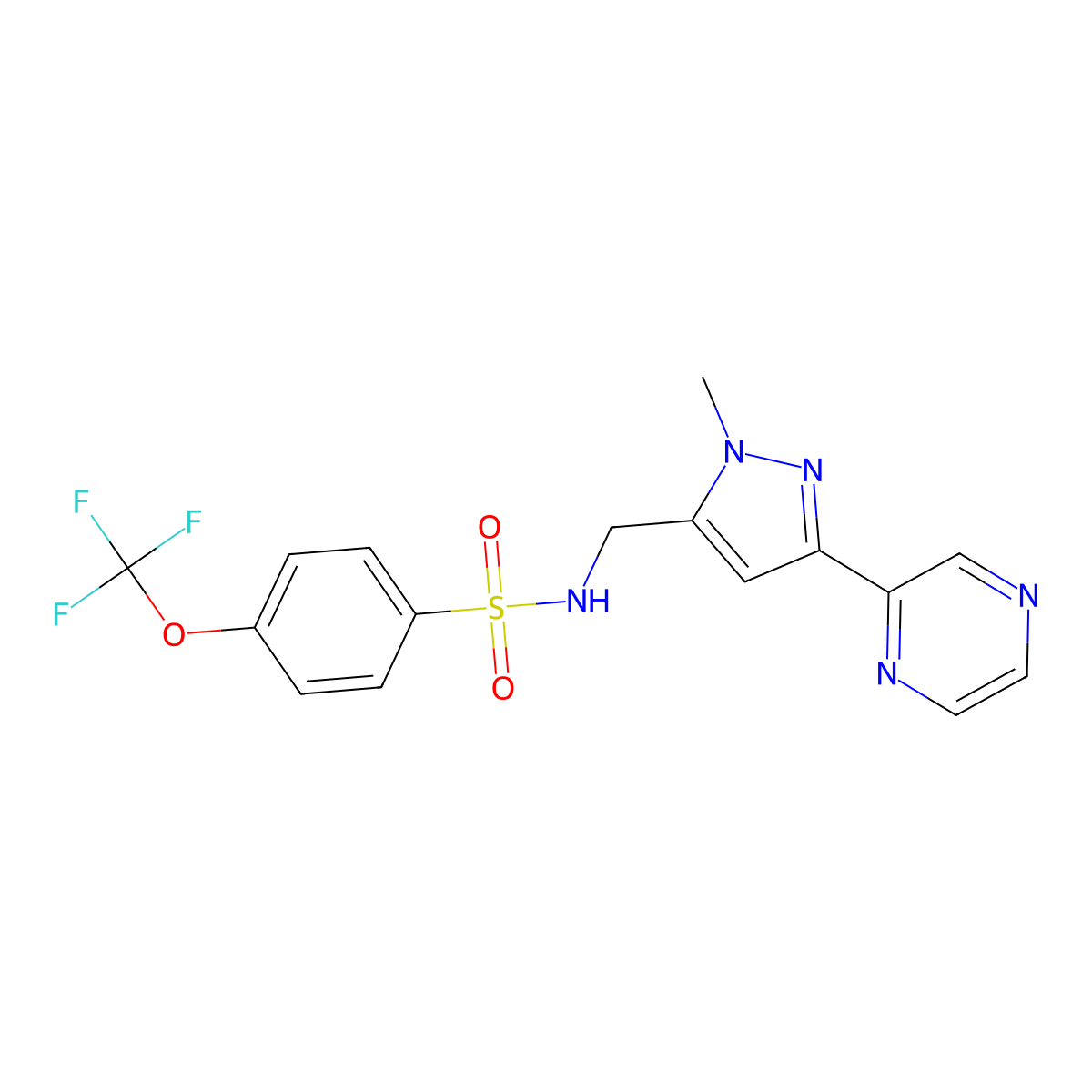 N-((1-methyl-3-(pyrazin-2-yl)-1H-pyrazol-5-yl)methyl)-4-(trifluoromethoxy)benzenesulfonamide molecular structure, CAS 2034289-12-6