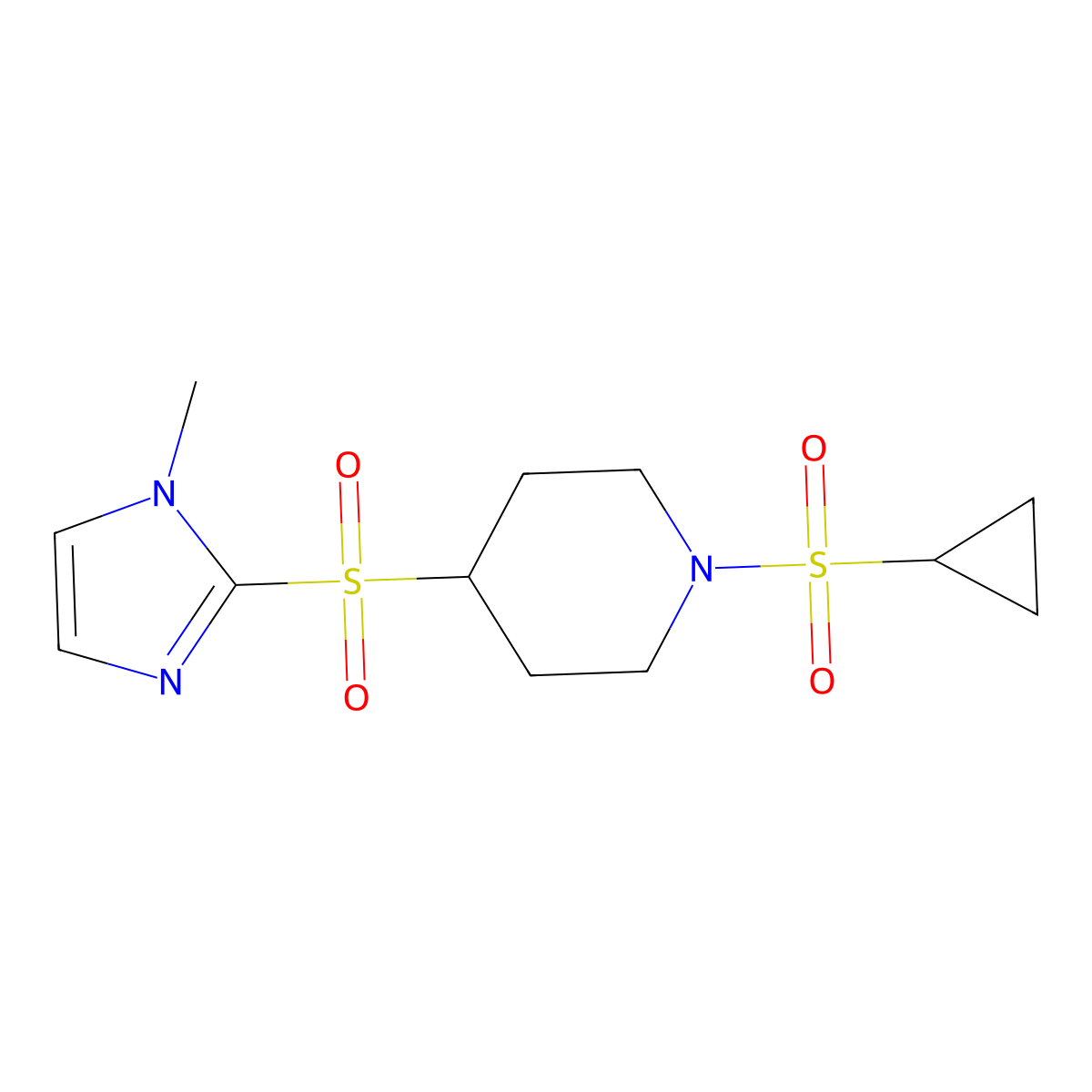 1-(cyclopropylsulfonyl)-4-((1-methyl-1H-imidazol-2-yl)sulfonyl)piperidine molecular structure, CAS 2034289-13-7