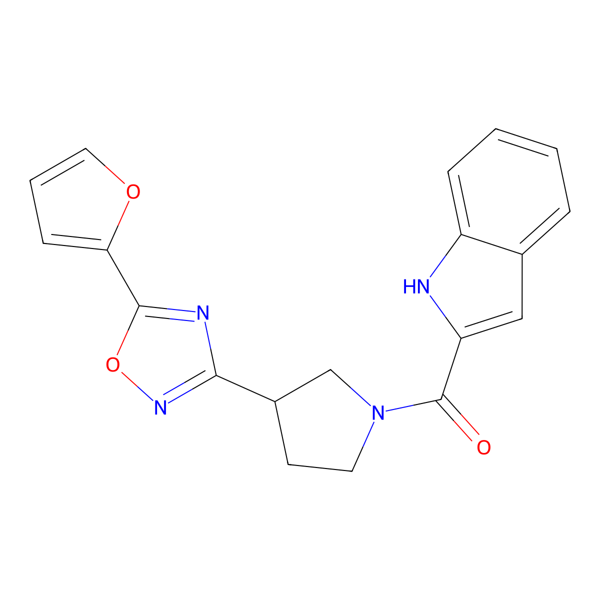 (3-(5-(furan-2-yl)-1,2,4-oxadiazol-3-yl)pyrrolidin-1-yl)(1H-indol-2-yl)methanone molecular structure, CAS 2034289-16-0